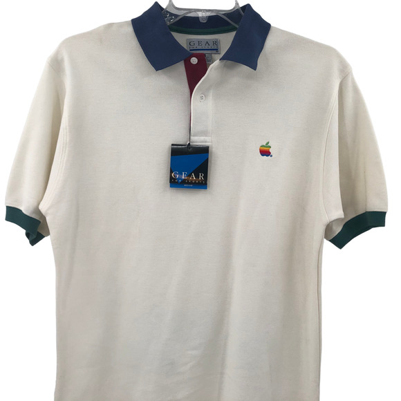 NWT VTG Apple Mac Gear Sport White Polo Shirt Rainbow Logo 90s Sz Medium